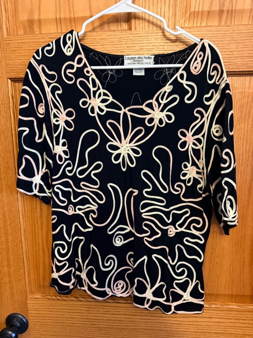 Lauren Michelle Black Short Sleeve Top with Cream & Light Pink Embroidery